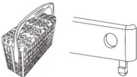 Line drawings of two household items: a woven basket and a rectangular device with a circular button (no text or symbols)