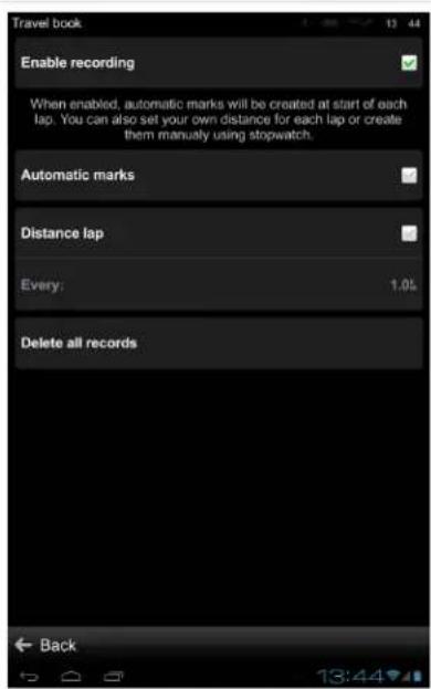 Travel book Enable recording When enabled, automatic marks will be created at start of each lap. You can also set your own distance for each lap or create them manually using stopwatch. Automatic marks Distance lap Every: 1.0% Delete all records Back