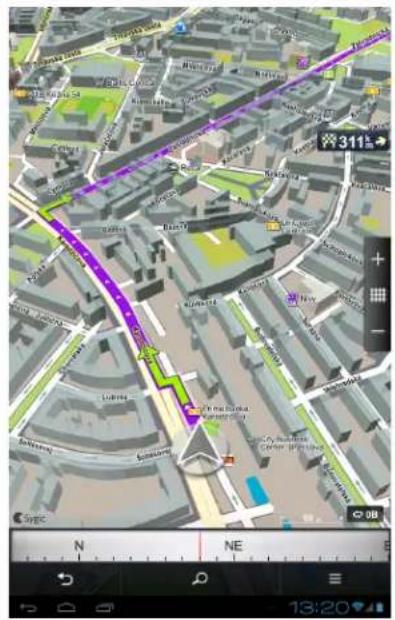 Map screenshot showing a route with purple and green directional arrows, including a north arrow and compass interface.
