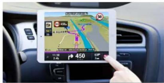 Car interior screen displaying a 3D navigation map with distance and speed indicators, showing a person on the phone.
