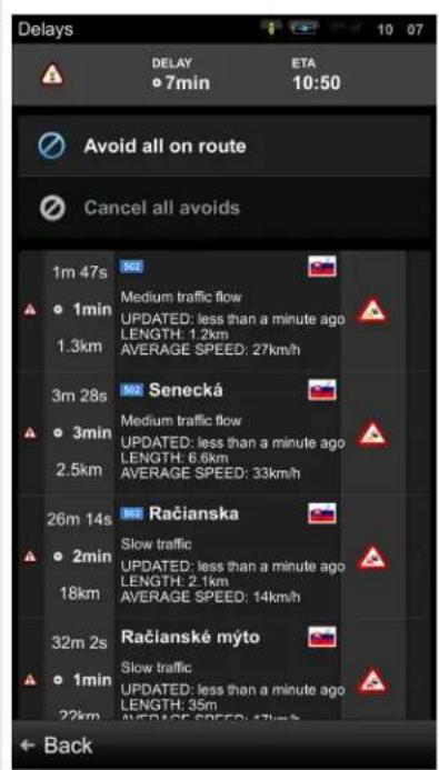 Delays DELAY 7min ETA 10:50 Avoid all on route Cancel all avoids 1m 47s 1 min 1.3km Medium traffic flow UPDATED: less than a minute ago LENGTH: 1.2km AVERAGE SPEED: 27km/h Senecká 3m 28s 3 min 2.5km Medium traffic flow UPDATED: less than a minute ago LENGTH: 6.6km AVERAGE SPEED: 33km/h Račianska Slo…