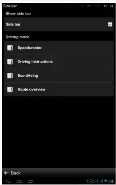 Side bar Show side bar Side bar Driving mode Speedometer Driving instructions Eco driving Route overview Back