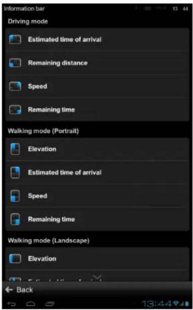 Information bar Driving mode Estimated time of arrival Remaining distance Speed Remaining time Walking mode (Portrait) Elevation Estimated time of arrival Speed Remaining time Walking mode (Landscape) Elevation Back
