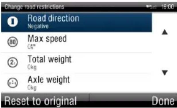 Change road restrictions Road direction Negative 80 Max speed 0km 2 Total weight 0kg Axle weight 0kg Reset to original Done