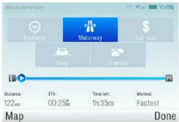 Route summary Restricted Motorway Toll road Ferry Unipower! Distance: 122.0m ETA: 00:25P Time left: 1h:35m Method: Fastest Map Done