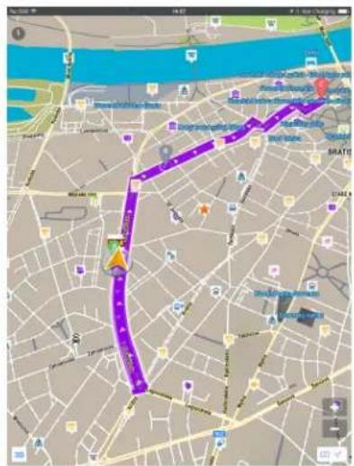 Map screenshot showing a purple route with directional arrows and location markers, likely from a mobile app interface.
