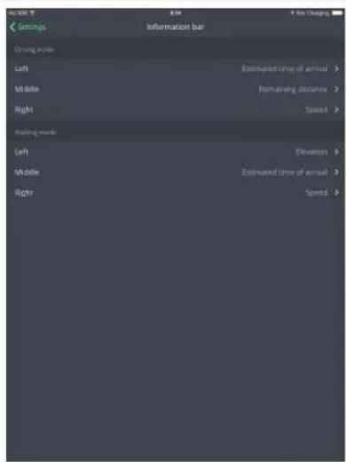 Settings Information Bar Driving access Left Estimated time of email > Middle Remaining distance > Right Speed > Starting mode Left Directed > Middle Estimated time of email > Right Speed >
