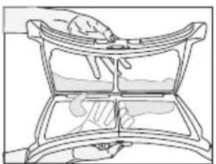 Diagram of a hand holding a curved object above a divided container (no text or symbols)