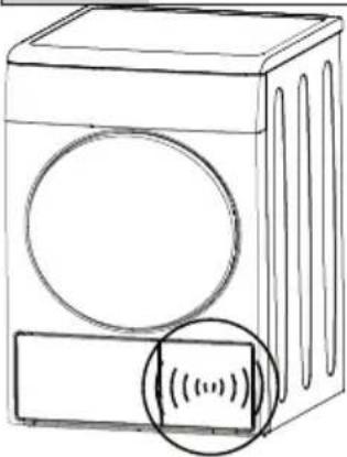 Line drawing of a washing machine with a circular vent and a rectangular base, showing sound waves (no text or symbols).