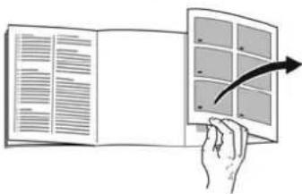 Illustration showing a hand holding an open book with a grid of small windows and a curved arrow pointing to the right.