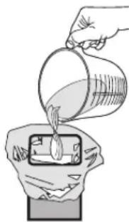 Illustration of a hand pouring liquid into a container with a paper (no text or symbols)