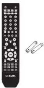 Black LOGIK remote control with a close-up of its right-handled clip (no text or symbols visible)