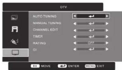 DTV AUTO TUNING MANUAL TUNING CHANNEL EDIT TIMER RATING OFF CI MOVE ENTER MENU EXIT