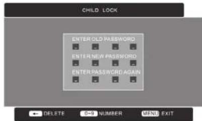 CHILD LOCK ENTER OLD PASSWORD ENTER NEW PASSWORD ENTER PASSWORD AGAIN DELETE 0-9 NUMBER MENU EXIT