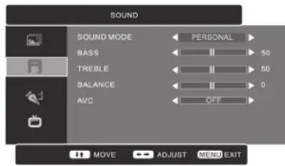SOUND. SOUND MODE: PERSONAL. BASS: 50. TREBLE: 50. BALANCE: 0. AVG: OFF. MOVE ADJUST MENU EXIT.