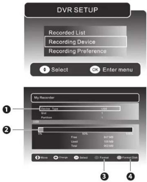 DVR SETUP Recorded List Recording Device Recording Preference Select OK Enter menu My Recorder Device Type USB Slot 1 Partition 1 USB 0% 50% 100% Free 847 MB Used 105 MB Total 952 MB Move Change Select Format Format Disk