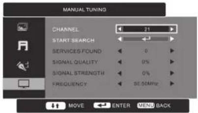 MANUAL TUNING CHANNEL 21 START SEARCH SERVICES FOUND 0 SIGNAL QUALITY 0% SIGNAL STRENGTH 0% FREQUENCY 50.56MHz MOVE ENTER MENU BACK