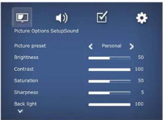 Picture Options Setup Sound. Picture preset: Personal. Brightness: 50, Contrast: 100, Saturation: 50, Sharpness: 5, Back light: 100.