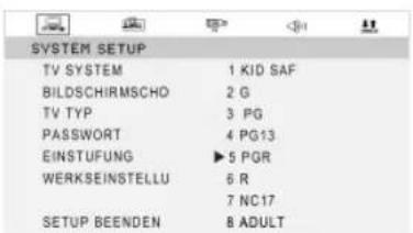 SYSTEM SETUP TV SYSTEM 1 KID SAF BILDSCHIRMSCHO 2 G TV TYP 3 PG PASSWORT 4 PG13 EINSTUFUNG ▶5 PGR WERKSEINSTELLU 6 R 7 NC17 SETUP BEENDEN 8 ADULT