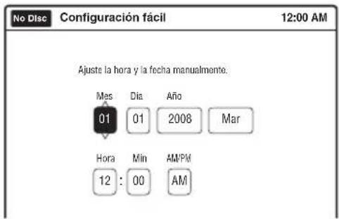 No Disc Configuración fácil 12:00 AM Ajuste la hora y la fecha manualmente. Mes Día Año 01 01 2008 Mar Hora Min AM PM 12 : 00 AM