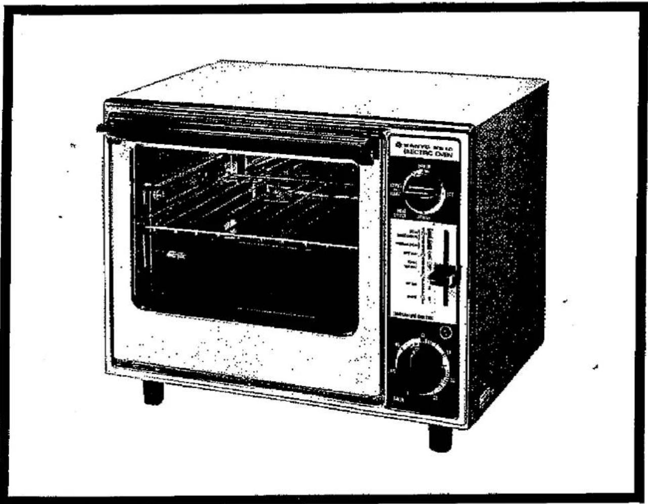 Illustration of a vintage electric oven with open lid and control knobs (no visible text or symbols)