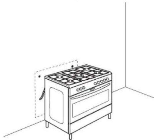 Line drawing of a simple kitchen oven with four panes and a door, placed in a room with dashed lines indicating exterior and interior boundaries.
