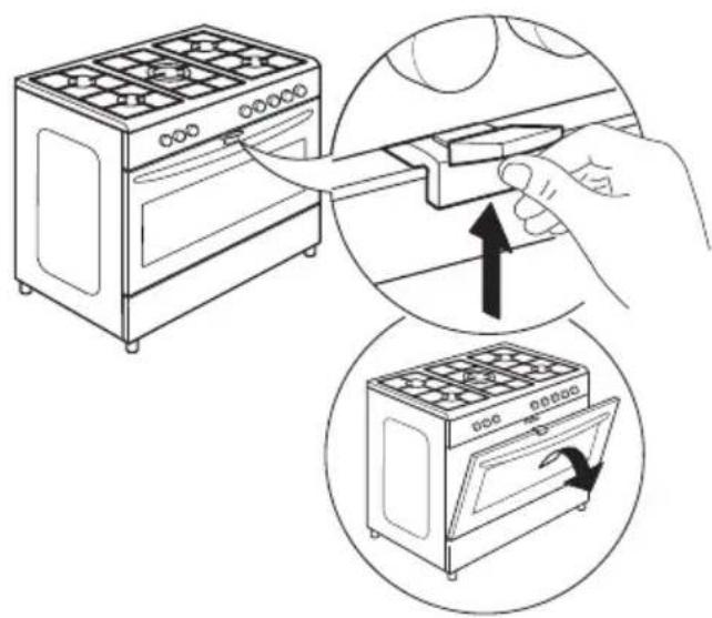 Illustration of a kitchen oven with a hand holding a tool, showing the process from opening to closing (no text or symbols present)