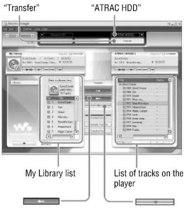 "Transfer" "ATRAC HDD" My Library list My Library list List of tracks on the player