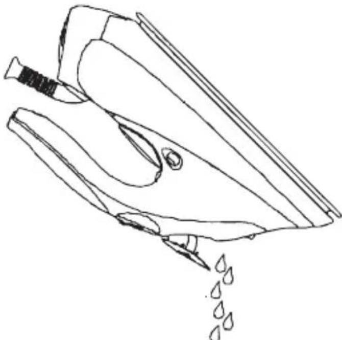 Line drawing of a mechanical device with water droplets falling (no text or symbols).
