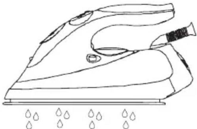 Line drawing of a steam iron with water droplets below (no text or symbols)