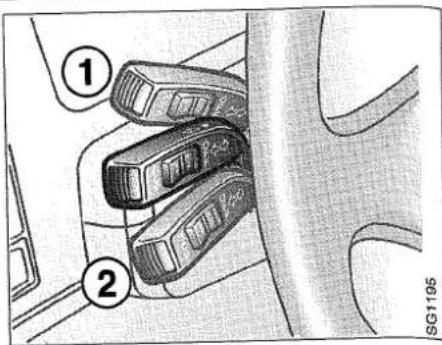 Diagram showing three labeled parts (①, ②) inserted into a car interior, with part ① highlighted and part ② marked.