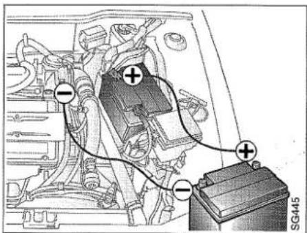 Diagram of an engine battery with labeled components and polarity indicators