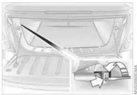 Diagram of a car trunk with a tool interacting with a vehicle, showing structural components and a small inset image of a vehicle (no text or symbols present)