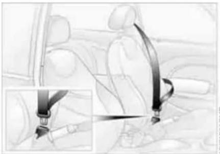 Interior view of a car showing seatbelt buckle and seatbelt connector (no text or symbols visible)