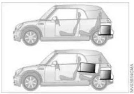 Two grayscale illustrations of a car showing interior compartments and exterior views, with no visible text or symbols.