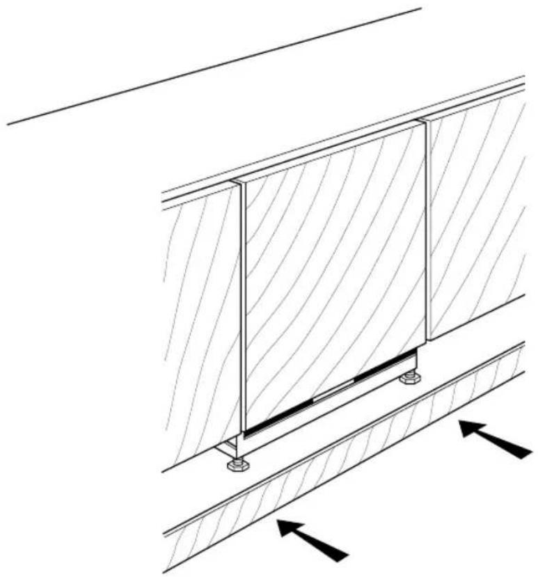 Technical line drawing of a structural joint or panel assembly with hatched fill and directional arrows indicating force or movement (no text or symbols).