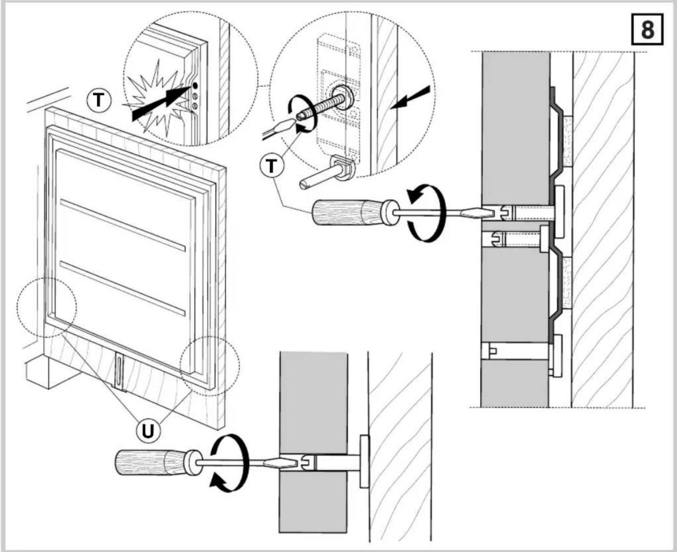 Technical diagram illustrating door panel installation steps with labeled components and directional arrows.
