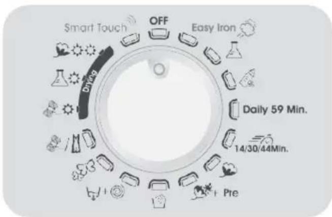 graph TD A["Smart Touch"] --> B["Drying"] B --> C["OFF"] C --> D["Easy Iron"] D --> E["Pre"] E --> F["14/30/44Min."] F --> G["Daily 59 Min."] G --> H["Smart Touch"]