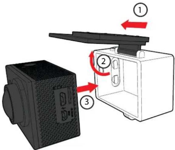 Diagram showing a device with labeled parts and directional arrows indicating movement or assembly.