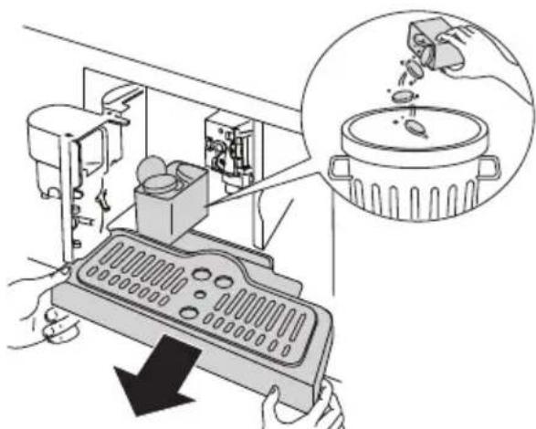 Illustration of a kitchen appliance with hands operating a tray and a magnified inset showing a lid (no text or symbols)