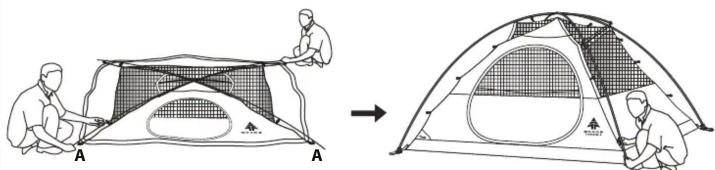 Illustration of two different camping setups with workers installing or adjusting a tent structure (no text or symbols present)