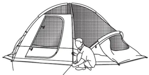 Line drawing of a person kneeling beside a tent with a grid-patterned opening (no text or symbols)