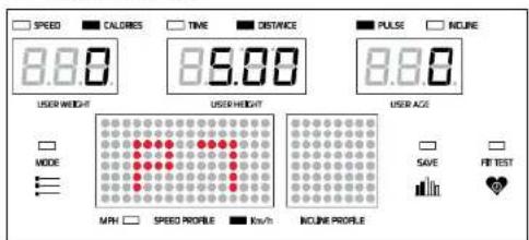 SPEED CALORIES TIME DISTANCE PULSE NCURE 8.00 85.00 8.00 USER WEIGHT USER HEIGHT USER AOS MODE SAVE FIT TEST MPH SPEED PROFILE Km/h NCURE PROFILE