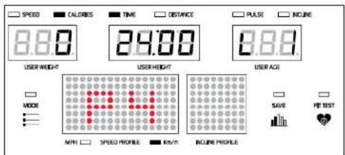 SPEED CALORIES TIME DISTANCE PULSE INCLINE 8.8.0 24.00 8.8.0 USER WEIGHT USER HEIGHT USER AGE MODE SAVE FE TEST MWH SPEED PROFILE Km/h INCLINE PROFILE