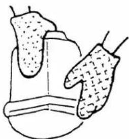 Illustration of two gloves handling a container with textured contents (no text or symbols)
