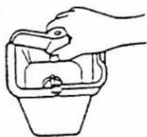 Line drawing of a hand washing a small container with a handle (no text or symbols)