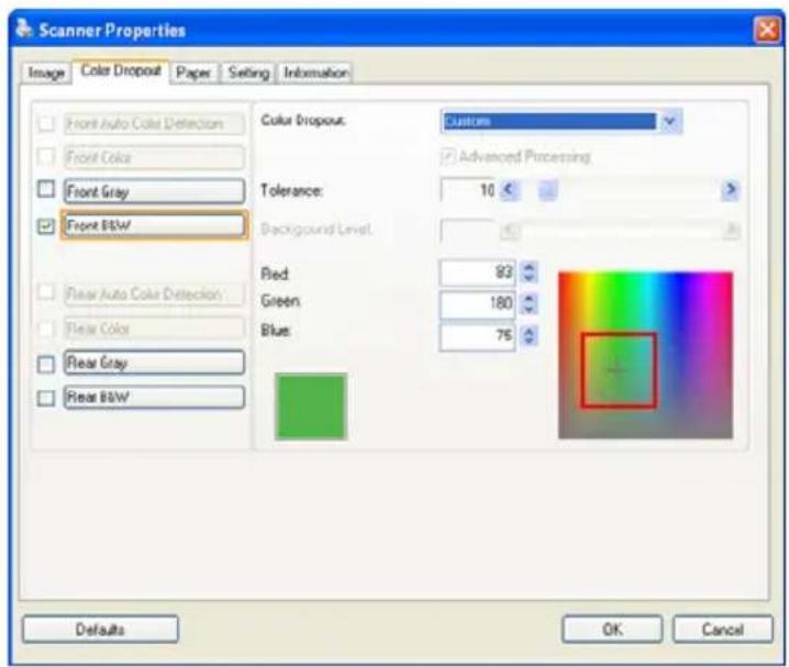 Scanner Properties Image Color Dropout Paper Setting Information Front Auto Color Deflection Front Color Front Gray Front B&W Flaw Auto Color Deflection Flaw Color Flaw Gray Flaw B&W Color Dropouts: Customs Advanced Processing Tolerance: 10 Background Level Red: 93 Green: 180 Blue: 75 Defaults OK Cancel