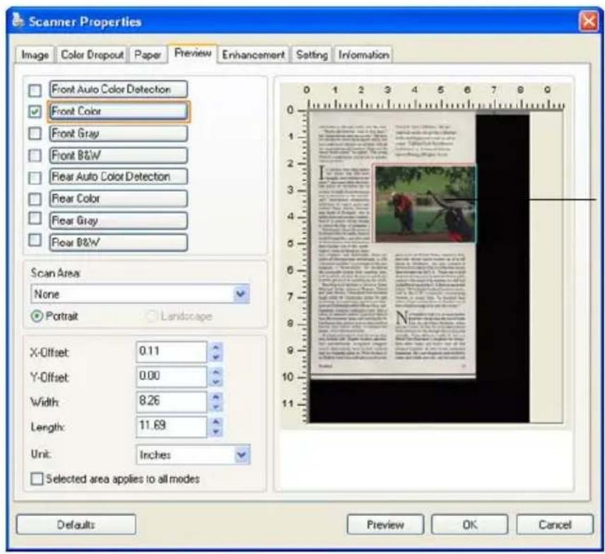 Scanner Properties Image Color Dropout Paper Preview Enhancement Setting Information Front Auto Color Detection Front Color Front Gray Front B&W Rear Auto Color Detection Rear Color Rear Gray Rear B&W Scan Area None Portrait Landscapes X-Offset: 0.11 Y-Offset: 0.00 Width: 8.26 Length: 11.69 Unit: Inches Selected area applies to all modes 0 1 2 3 4 5 6 7 8 9 0 I N