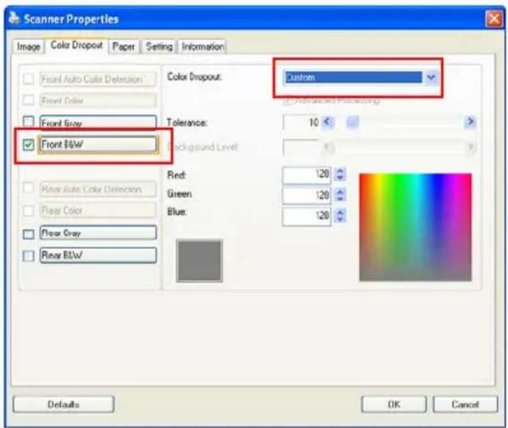 Scanner Properties Image Color Dropout Paper Setting Information Front Auto Color Deflection Front Color Front Gray ✓ Front $/W Color Dropout: Custom Advanced Processing Tolerance: 10 Background Level: Red: 120 Green: 120 Blue: 120 Rear Auto Color Deflection Rear Color Rear Gray Rear BTW Defaults OK Cancel