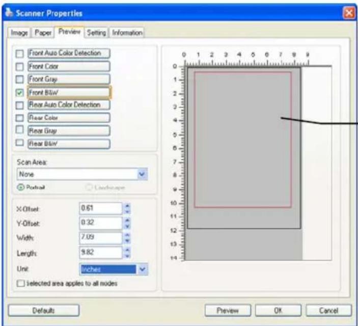 Scanner Properties Image Paper Preview Setting Information Front Auto Color Detection Front Color Front Gray Front Blow Rear Auto Color Detection Rear Color Rear Gray Rear Blow Scan Area: None Portrait X-Offset: 0.61 Y-Offset: 0.32 Width: 7.09 Length: 9.82 Unit: inches Selected area applies to all nodes 0 1 2 3 4 5 6 7 8 9 0 1 2 3 4 5 6 7 8 9 1 2 3 4 5 6 7 8 9 10 11 12 13 14 Preview OK Cancel